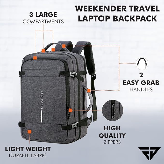 FUR JADEN 40L Weekender Travel Laptop Backpack with Anti Theft Pocket, Organizer, 15.6 Inch Padded Laptop Sleeve and Dual Handles (Dark Grey)