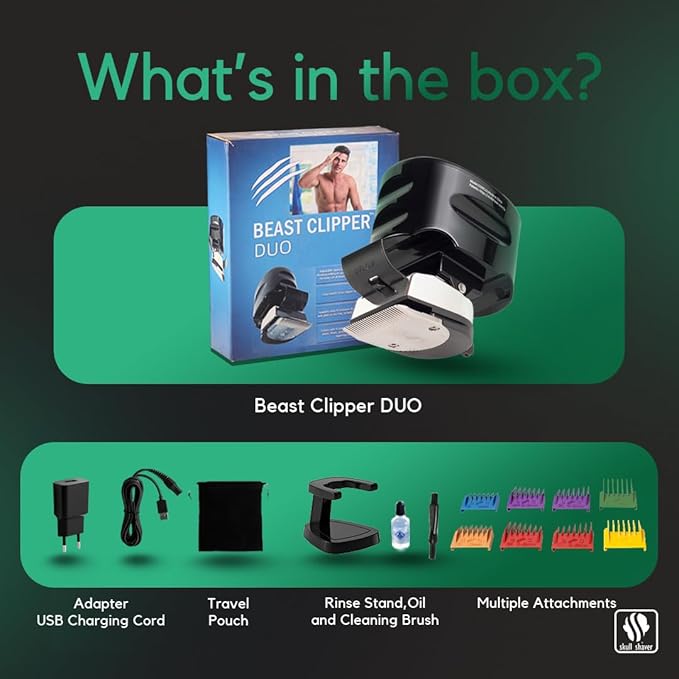 Skull Shaver Beast Clipper Duo: ultimate home haircut & grooming kit for arms, torso, legs, beard, portable, waterproof, long battery, no nicks, DIY