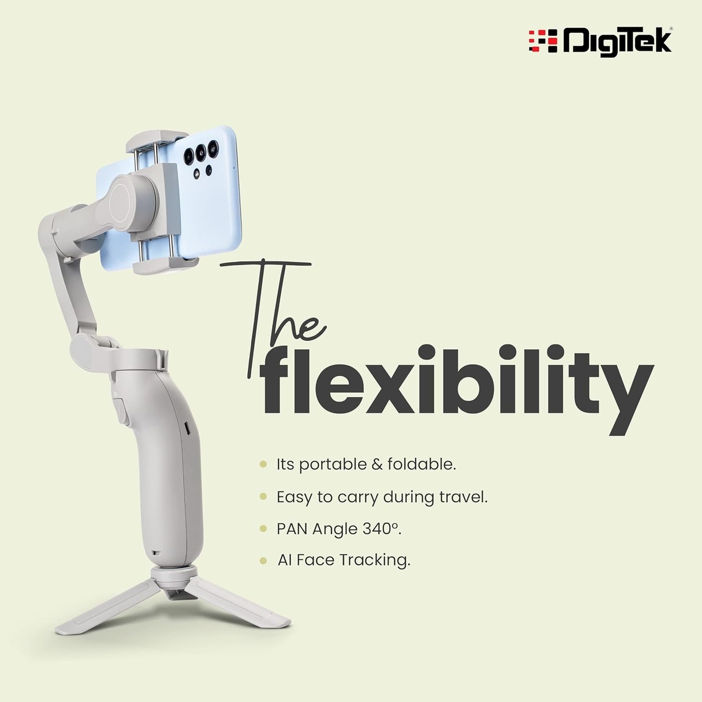 DIGITEK® (DSG-007F) 3-Axis Gray Smartphone Gimbal - Wide Angle Handheld Vlogging Stabilizer - 4 Creative Operation Modes for Android & iOS - Seamless Videography