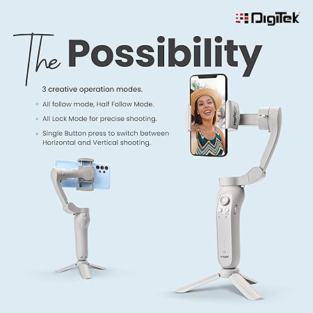 DIGITEK® (DSG-007F) 3-Axis Gray Smartphone Gimbal - Wide Angle Handheld Vlogging Stabilizer - 4 Creative Operation Modes for Android & iOS - Seamless Videography