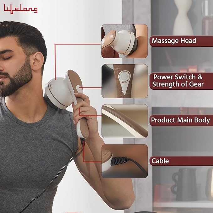 Lifelong Electric Body Massager Machine for Pain Relief - 9 Massage Heads for Back, Foot, Hand, Neck, Shoulder Massage - Powerful Handheld Vibrator for Back Pain with Multiple Speed Setting