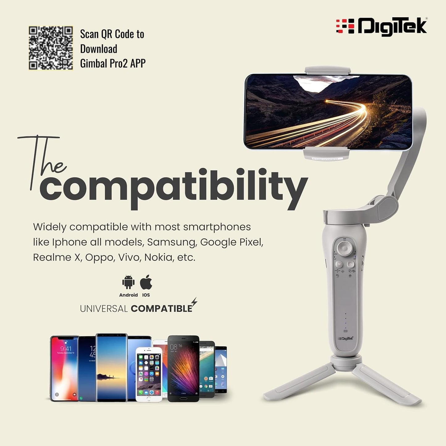 DIGITEK® (DSG-007F) 3-Axis Gray Smartphone Gimbal - Wide Angle Handheld Vlogging Stabilizer - 4 Creative Operation Modes for Android & iOS - Seamless Videography