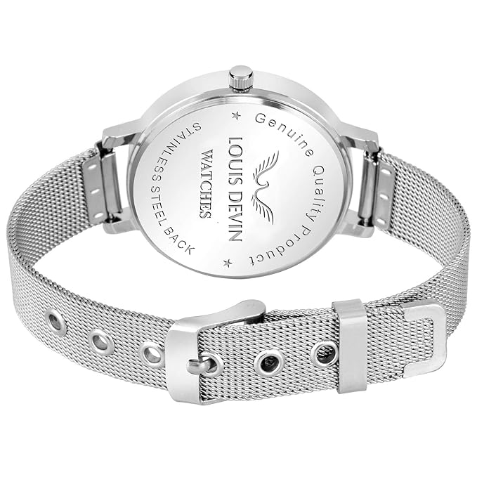 LOUIS DEVIN Mesh Blue Dial Silver Band Stainless Steel Chain Analog Wrist Watch for Women
