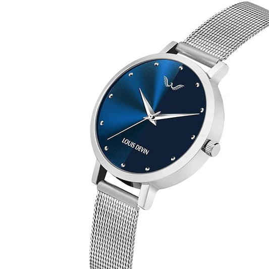 LOUIS DEVIN Mesh Blue Dial Silver Band Stainless Steel Chain Analog Wrist Watch for Women