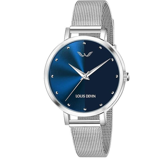 LOUIS DEVIN Mesh Blue Dial Silver Band Stainless Steel Chain Analog Wrist Watch for Women