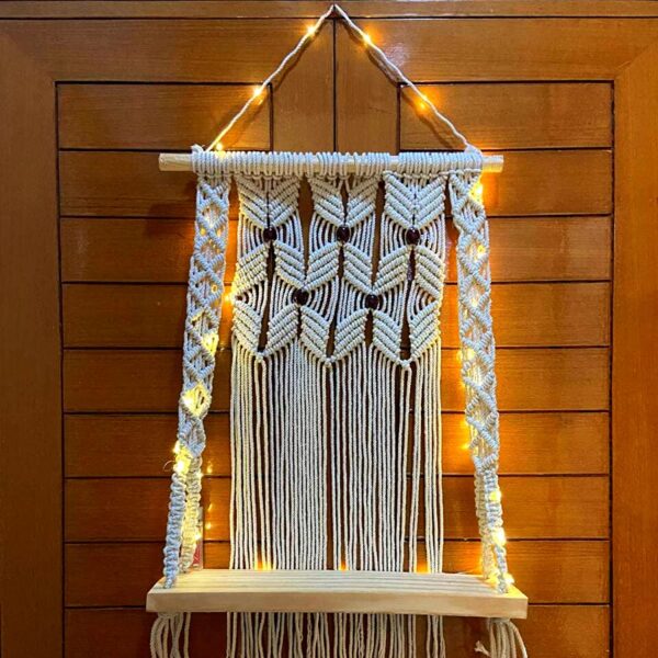 Macrame Wooden Wall Hanging Shelf with LED For Living Room