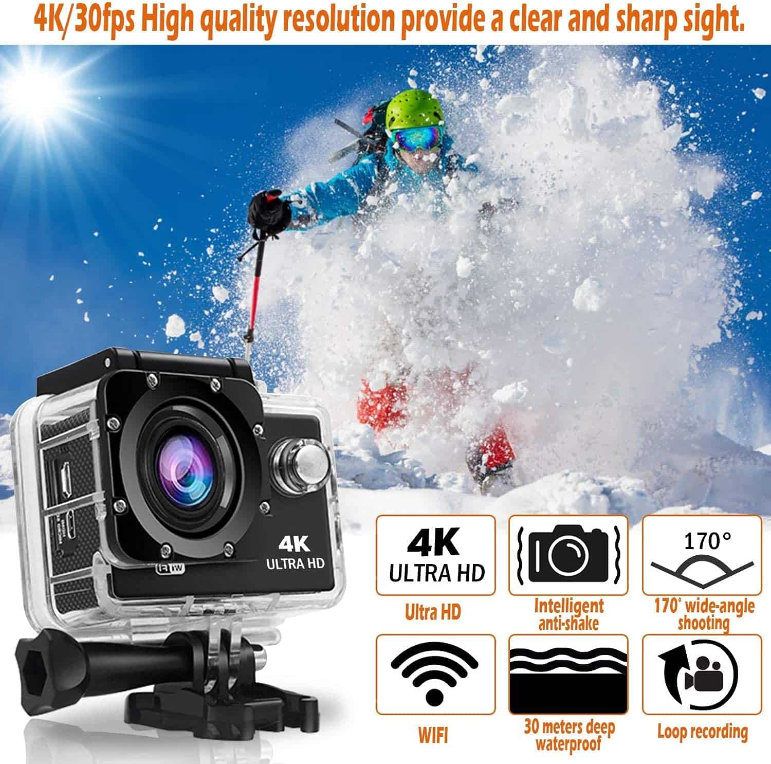 Action Camera 4K Underwater Waterproof Camera WiFi 12MP with 170 Degree Wide Angle 