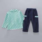 Boy's Cotton Blazer Attached T-Shirt with Pant Set in Green Color