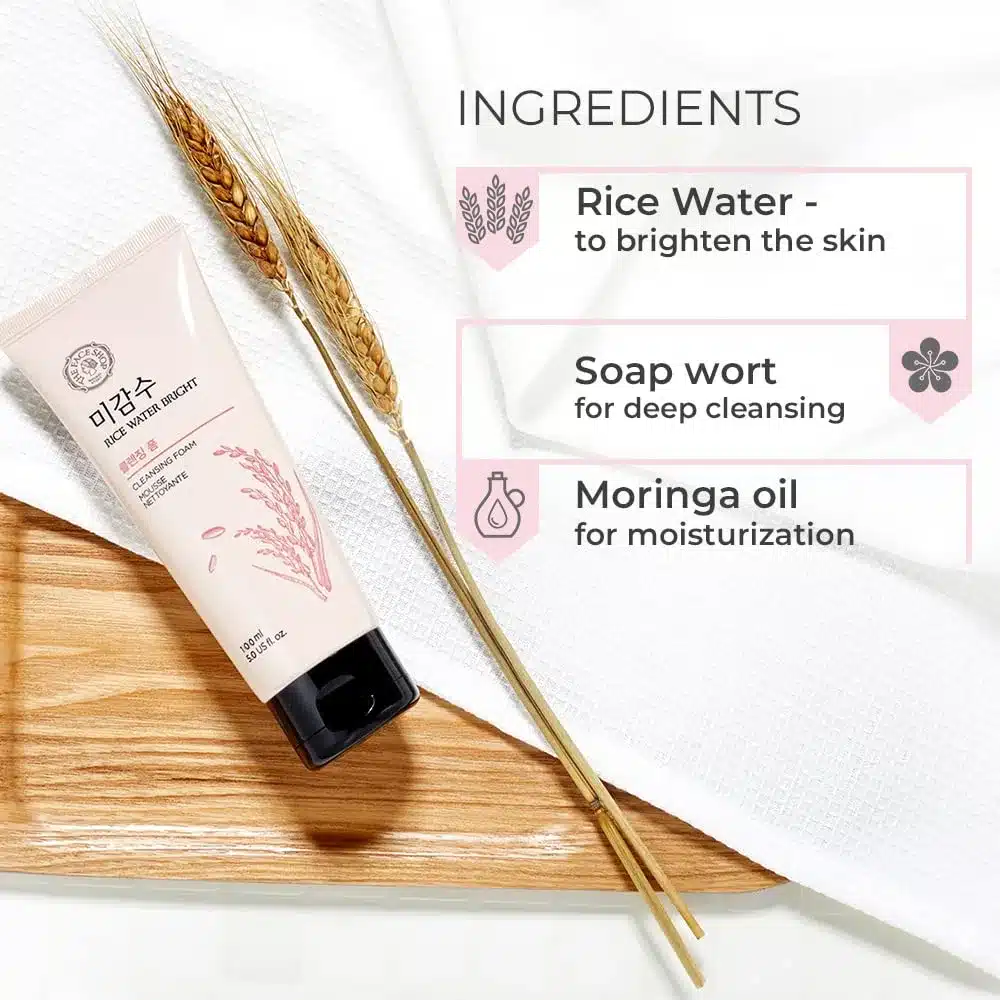 The Face Shop Unisex Rice Water Bright Cleansing Foam 100ml Face Wash for Glowing Skin Moringa Oil for Moisturization Cleanser for Uneven Skin Tone Elle Beauty (Korea-2)