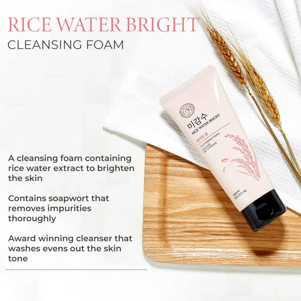 The Face Shop Unisex Rice Water Bright Cleansing Foam 100ml Face Wash for Glowing Skin Moringa Oil for Moisturization Cleanser for Uneven Skin Tone Elle Beauty (Korea-5)