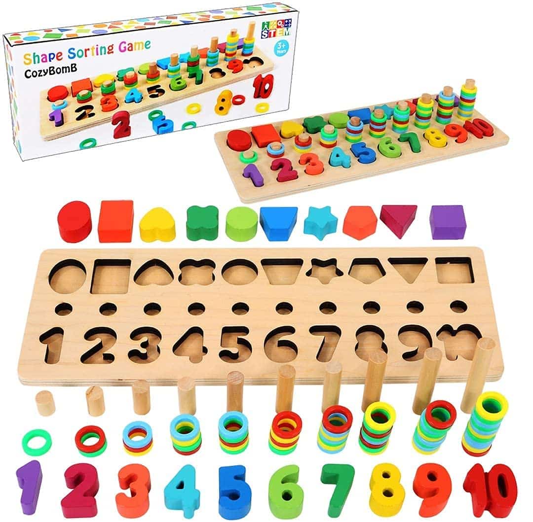 Wooden Number Puzzle Sorting Montessori Toys for Toddlers - Shape Sorter Counting Game for Age 3 4 5 Year olds Kids - Preschool Education Math