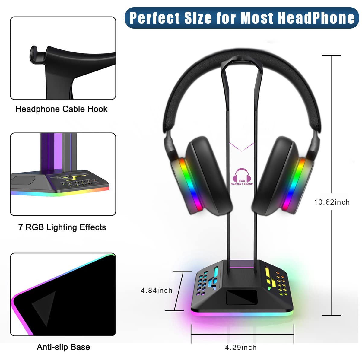 RGB Gaming Headphone Stand - Headphone Stand with RGB Effect Type-C and Dual USB Ports,for PC Gamer Headphone Accessories, Black1