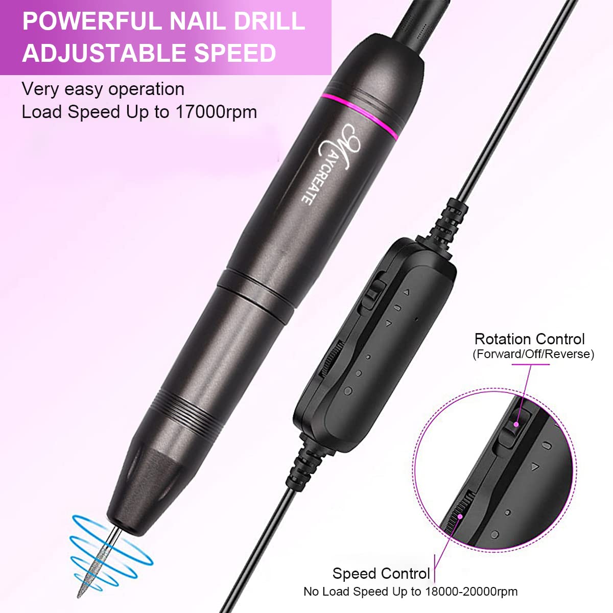 Nail Drill Machine Professional, 20000rpm Adjustable Electric Nail Filer Machine with 25pcs Accessories, Portable Manicure Pedicure Kit for Women, Nail Salon, Acrylic Gels Callus Removal4