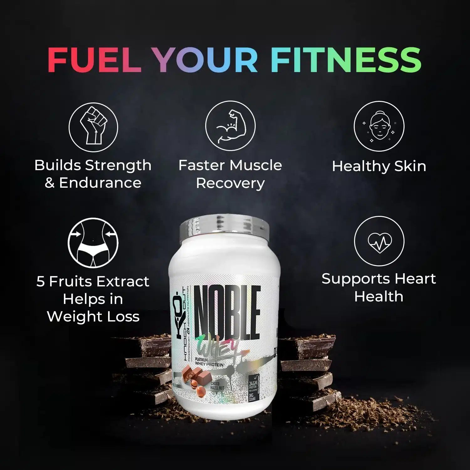 Noble Whey Protein 1Kg (Choco Hazelnut), 24g Protein Per Serving For Muscle Building, Strength, And Endurance With Digestive Enzymes, 5 Fruits Extract For Weight Management4.